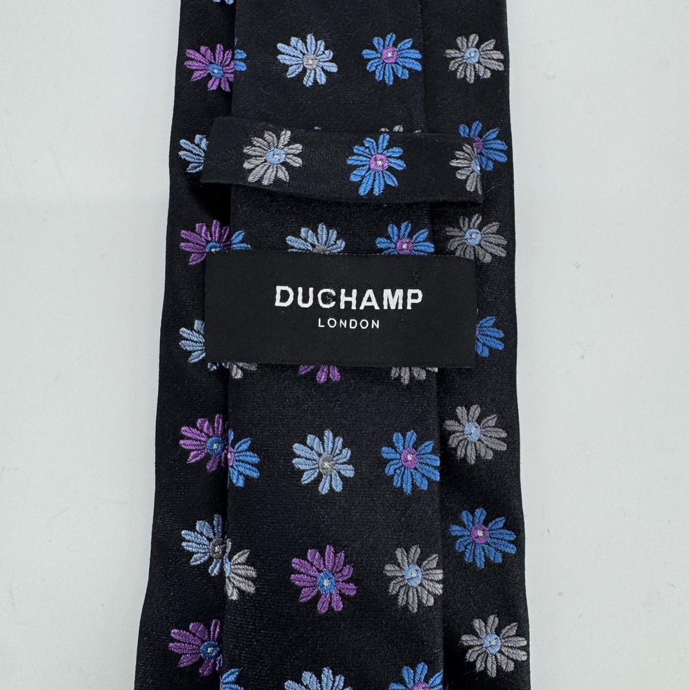 Duchamp London Mens Silk Tie Black Blue Purple Floral Handmade Necktie